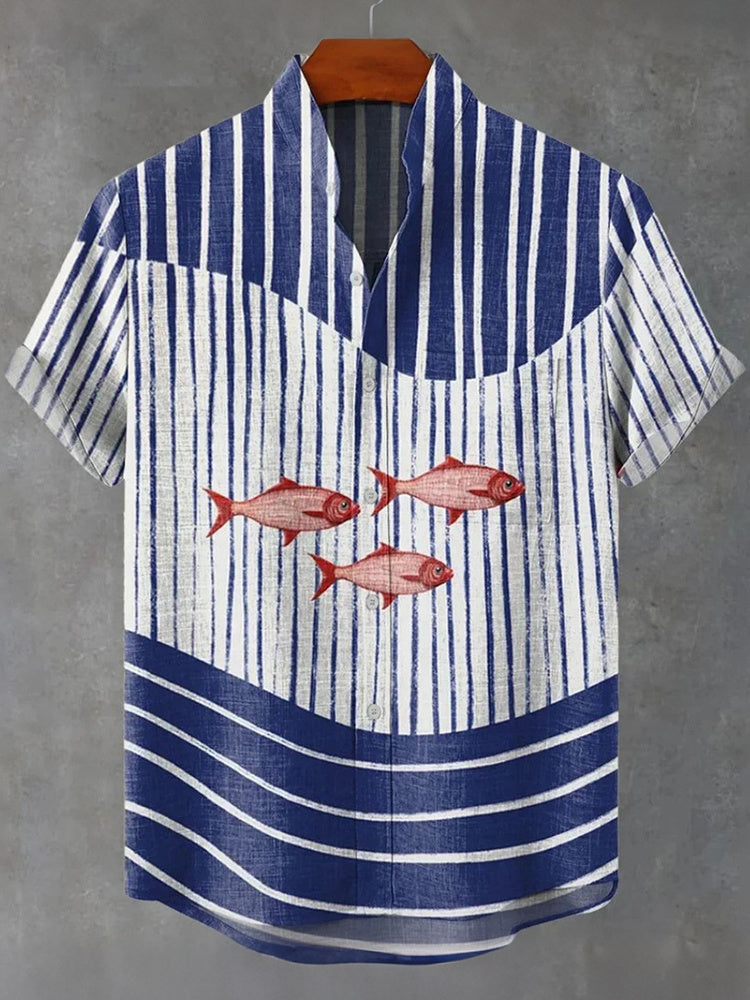 Men's Retro Japanese Striped And Fish Print Linen Blend Shirt