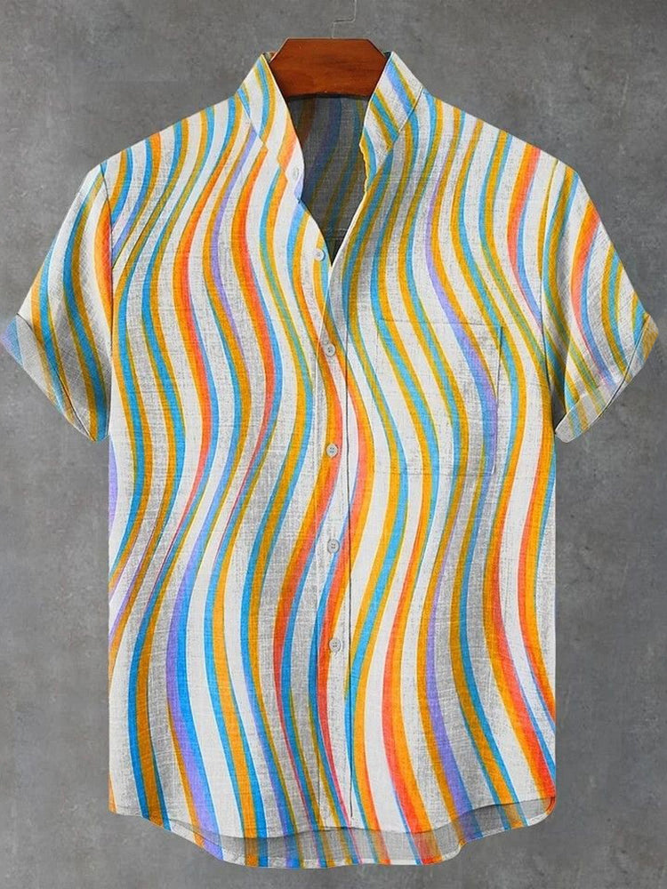 Men's Abstract Art Line Print Linen Blend Short-sleeve Shirt
