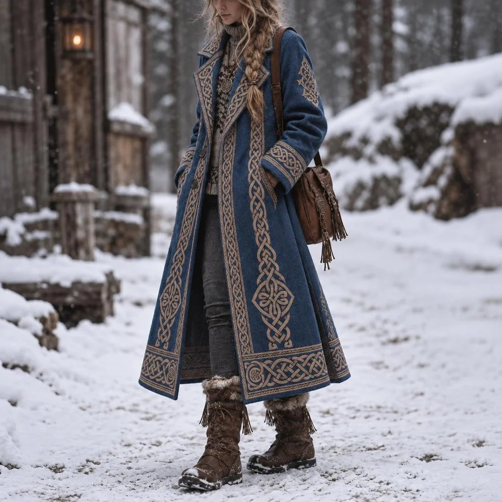 Women's Retro Viking Geometry Celtic Knot Pattern Art Cozy Coat