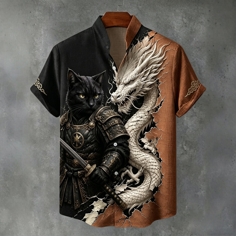 Herren Vintage Schwarz Katze Krieger Und Weißer Drache Japanische Kunst Druck Leinenmischung Lässiges Hemd