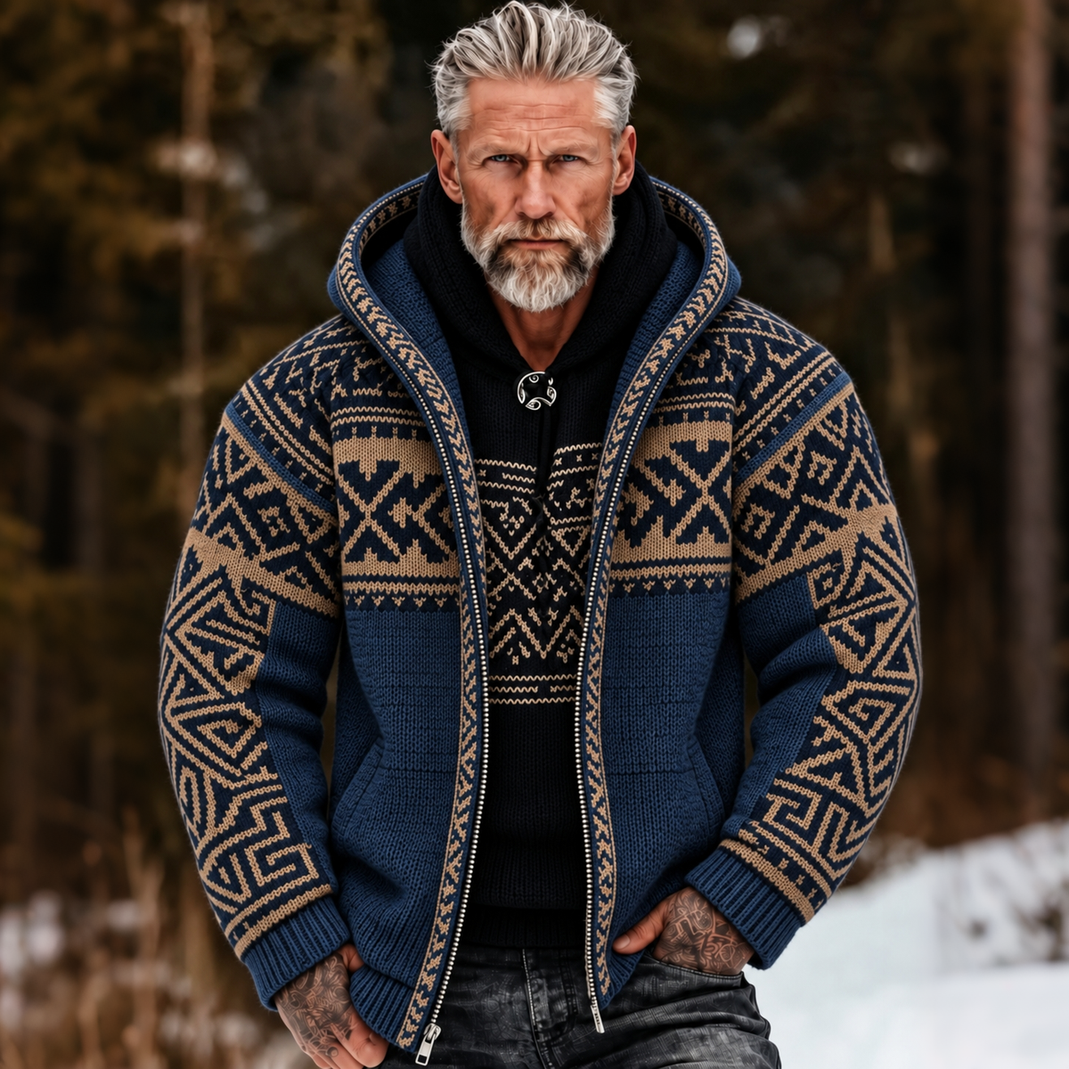 Men's Vintage Geometry Art Cozy Warm Knitted Jacquard Zipper Hooded Sweater
