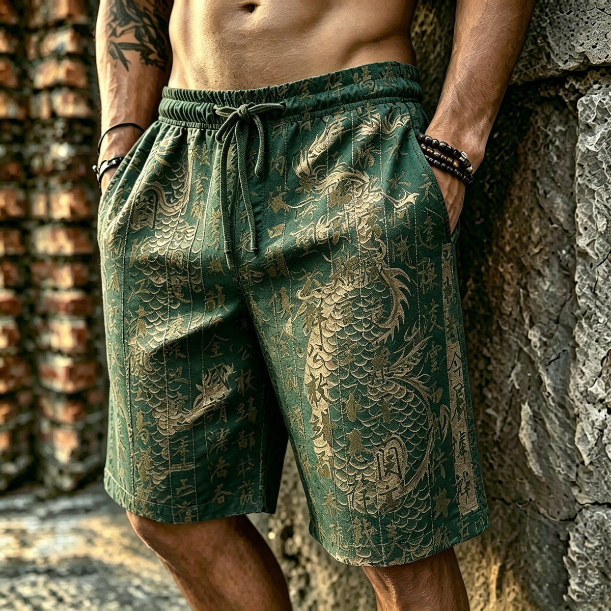Men's Retro Japanese Dragon And Calligraphy Print Casual Shorts
