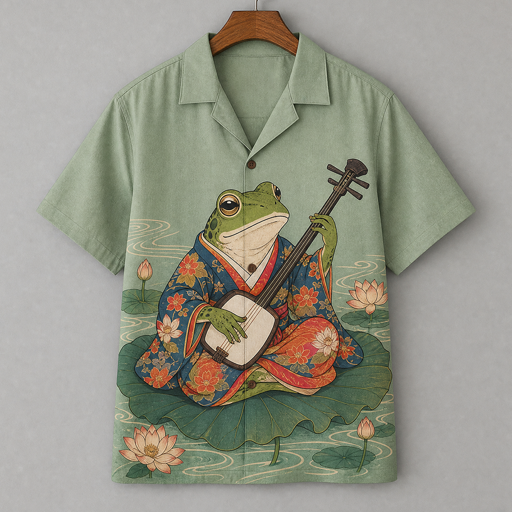 Men's Sage Green Traditional Frog Playing Shamisen Lotus Print Short Sleeve Shirt