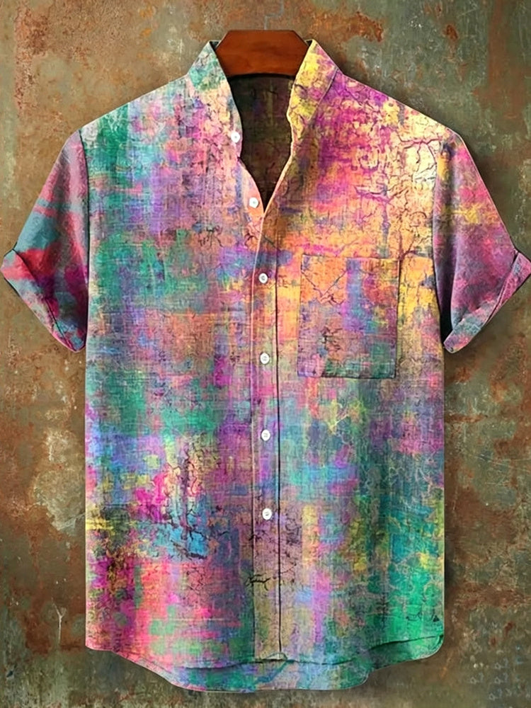 Vintage Rainbow Mottled Art Cat Print Casual Cotton Shirt