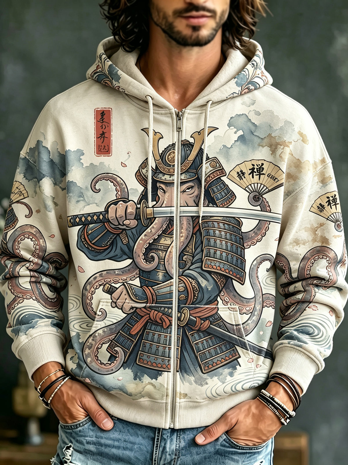 Men's Japanese Octopus Samurai Art Print Casual Zip Up Hoodie