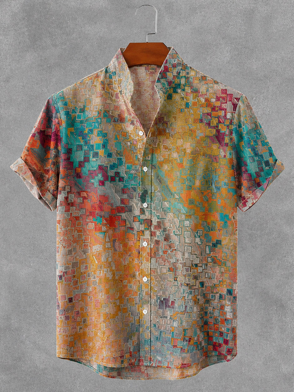 Men's Retro Oil Painting Style Lattice Art Painting Linen Blend Shirt