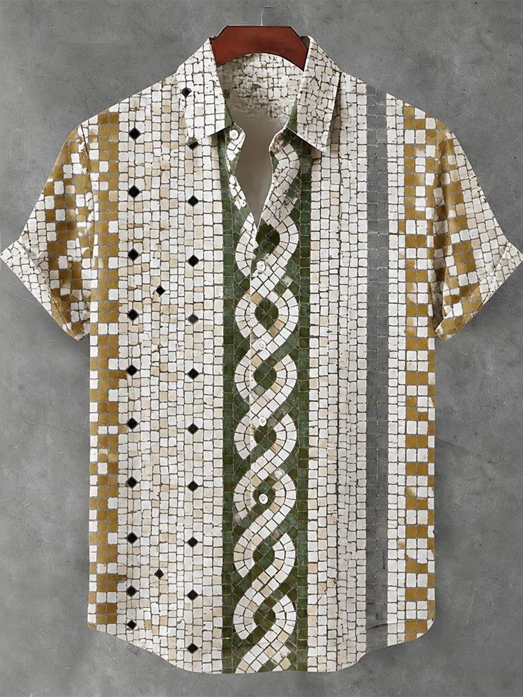 Vintage Japanese Geometric Pattern Art Print Cotton And Linen Short-sleeved Shirt