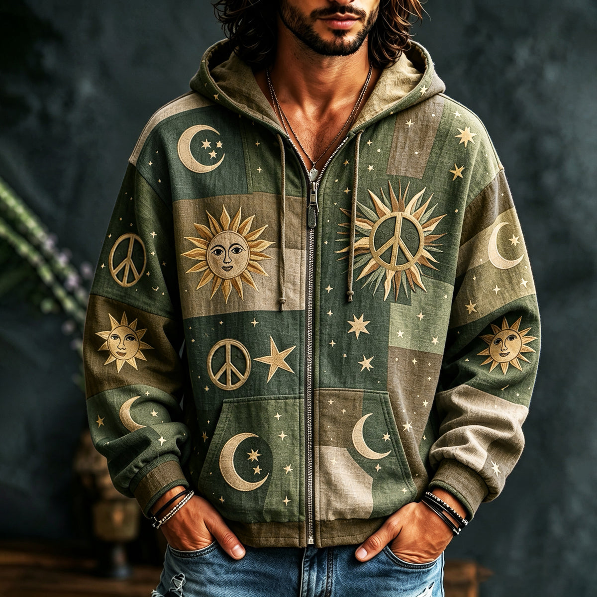 Men's Vintage Sun Moon Star Peace Sign Patchwork Art Cozy Warm Zipper Hoodie