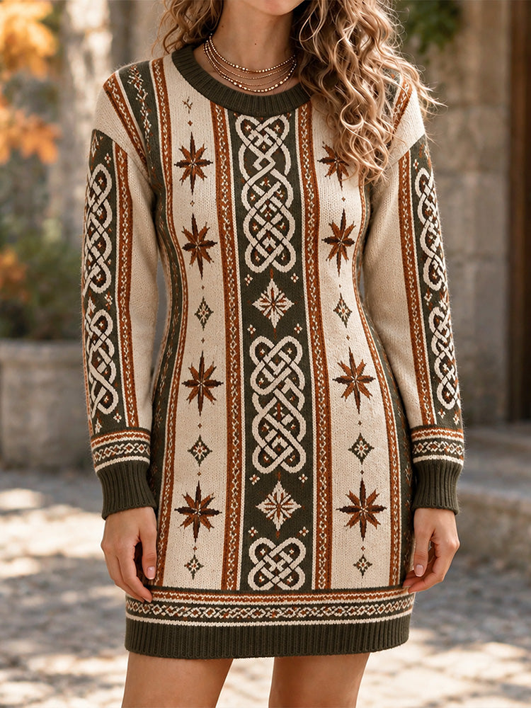 Women's Vintage Nordic Geometric Celtic Knot Star Striped Sweater Dress