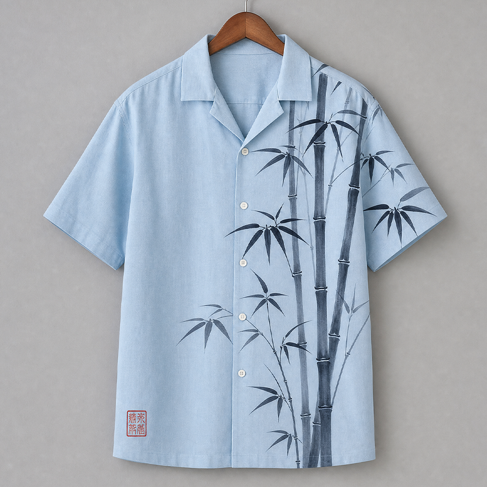 Men's Light Blue Chinese Ink Wash Bamboo Print Short Sleeve Shirt