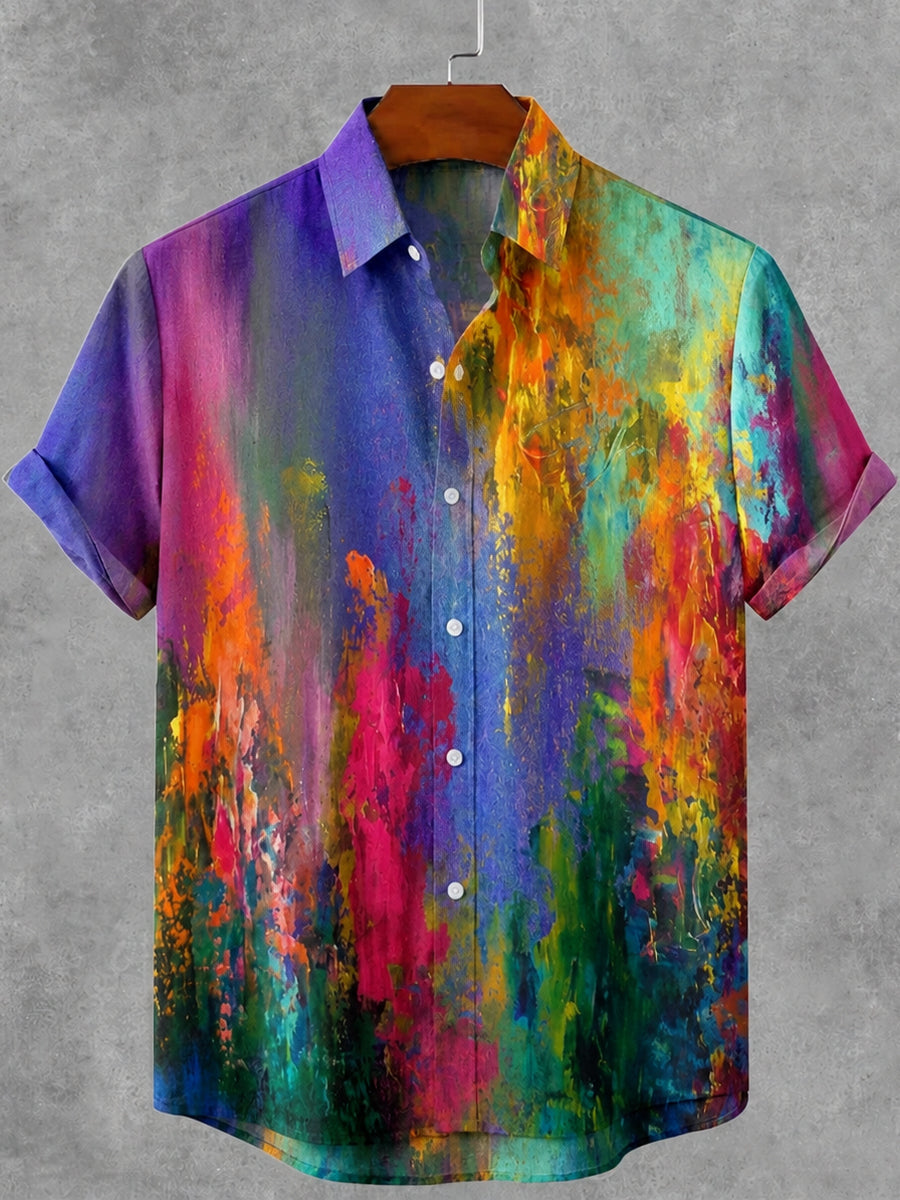 Men's Vintage Mottled Art  Print Casual  Linen Short-sleeved Shirt