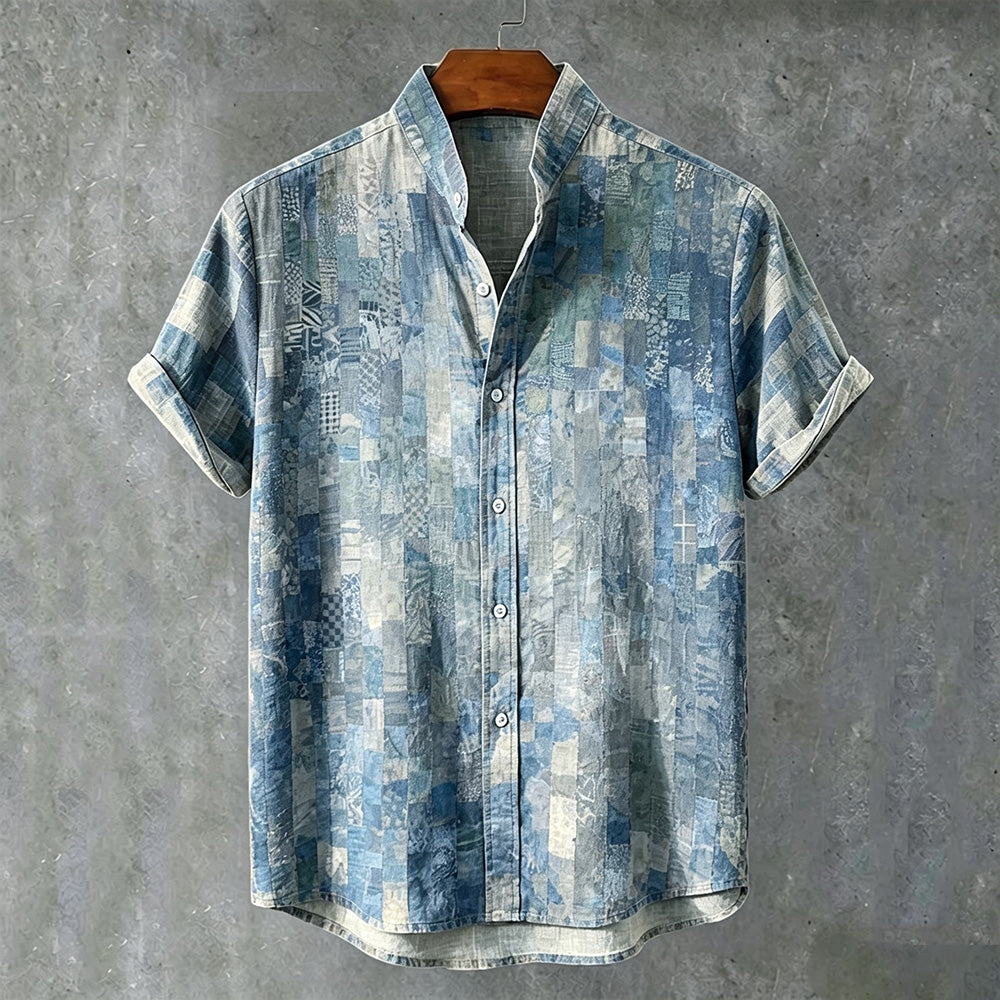 Men's Japanese Style Colorful Geometric Art Vintage Casual Short Sleeve Shirt