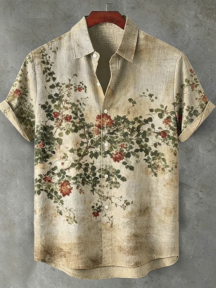 Vintage Japanese Floral Plant-dyed Casual Cotton And Linen Short-sleeved Shirt