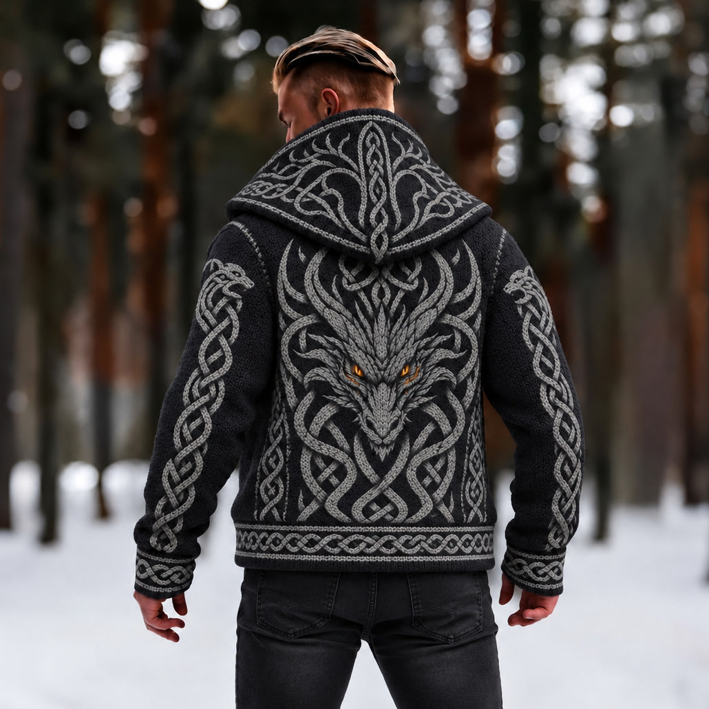 Men's Retro Dragon Pattern Zip-up Cozy Hooded Sweater
