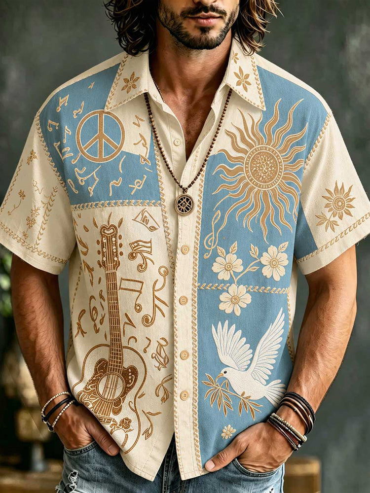 Men's Patchwork Denim Linen Short Sleeve Button Up Shirt, 3d Embroidery Guitar Peace Sign Sun Dove Floral Hippie Boho Vacation Shirt