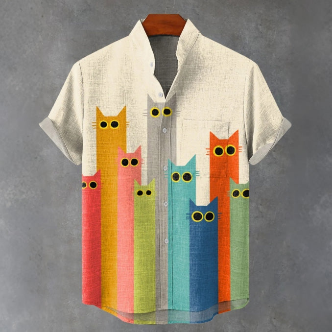 Men's Fun Cat Print Casual Linen Blend Short-sleeve Shirt