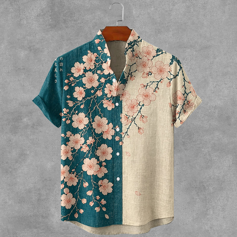Vintage Japanese Cherry Blossom Art Print Button Casual Cotton Linen Shirt