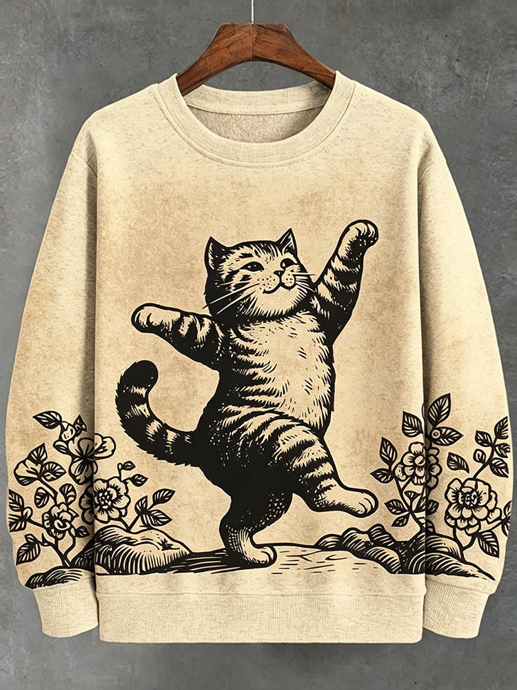 Men's Dancing Tabby Cat Vintage Woodblock Vintage Art Sweatshirt