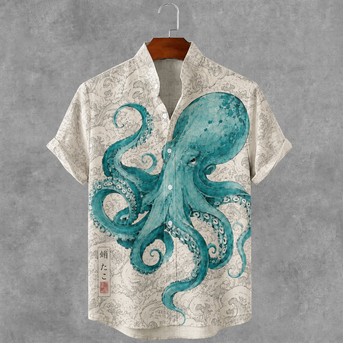 Men's Vintage Japanese Octopus Art Print Button Casual Cotton Linen Shirt