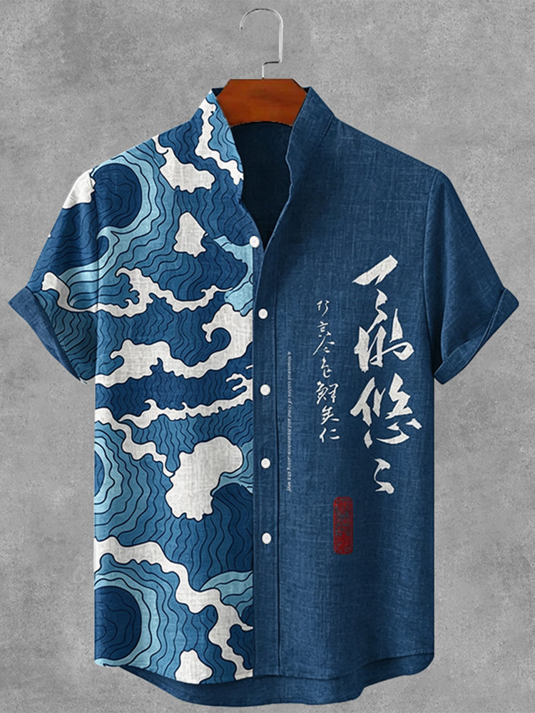 Men's Japanese Wave And Calligraphy Art Pattern Linen Shirt
