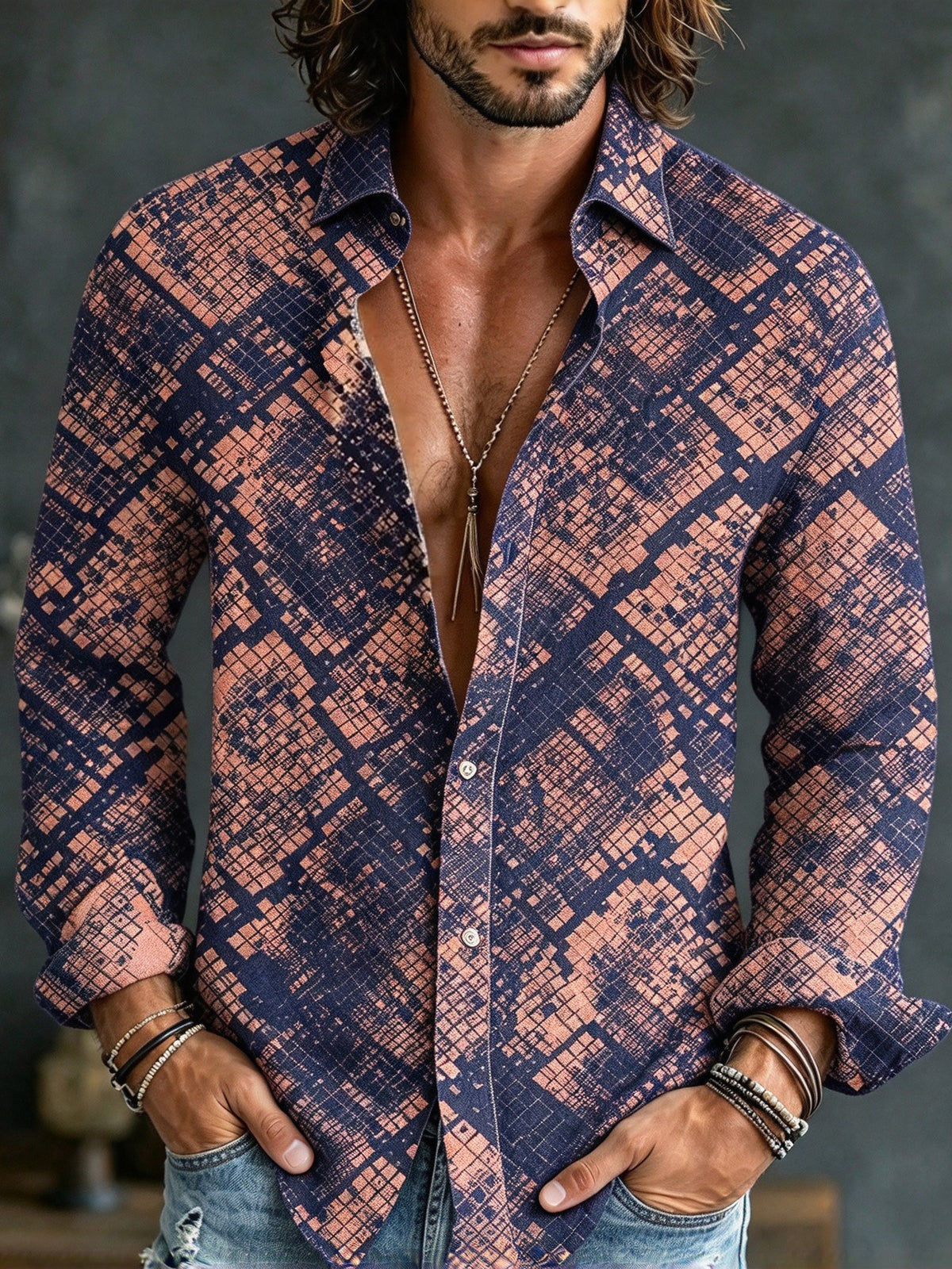 Men's Retro Geometric Print Shirt