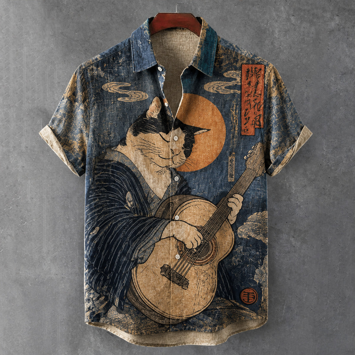 Men's Retro Ukiyo-e Japanese Art Cat Guitar Print Casual Loose Shirt