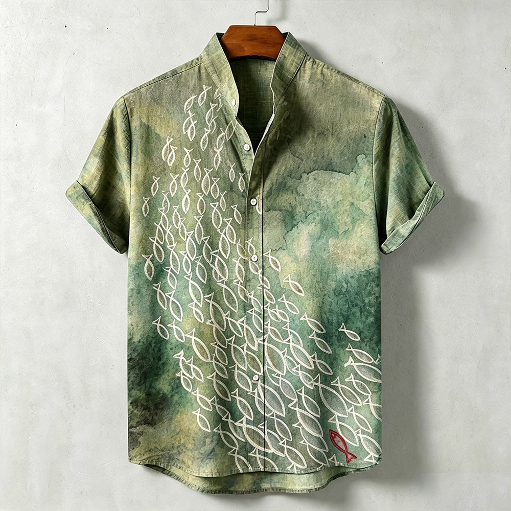 Men's Japanese Style Ocean Fish Print Casual Short-sleeved Shirt