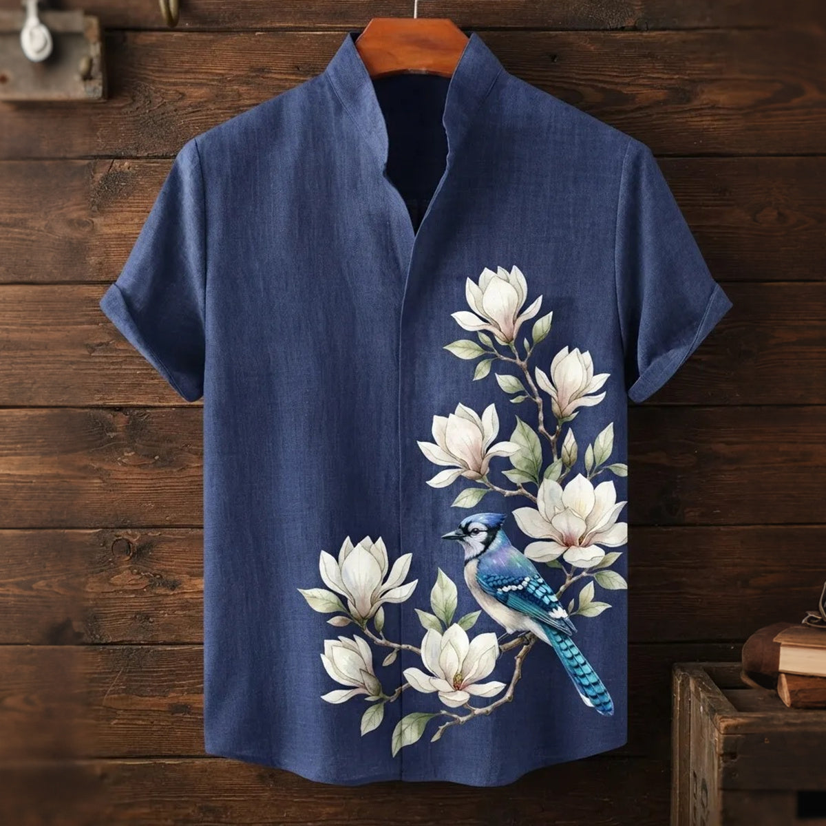 Men's Japanese-style Floral And Bird Pattern Linen Short-sleeved Shirt