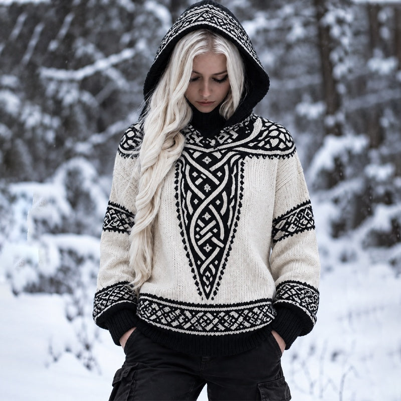 Women's Nordic Celtic Knot Pattern Relaxed Fit Hooded Long Sleeve Knit Pullover Sweater