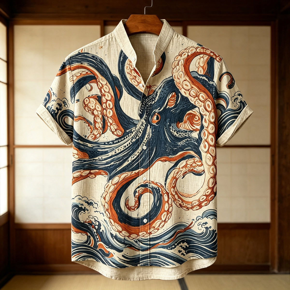 Men's Retro Japanese Art Octopus And Wave Print Cotton Linen Short-sleeve Shirt