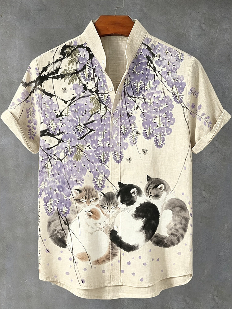 Men's Japanese Art Retro Floral Cat Print Cotton Linen Short-sleeve Shirt