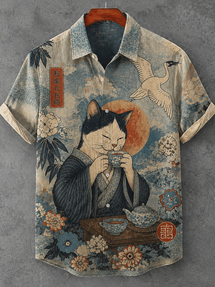 Men's Retro Japanese Art Ukiyo-e Tea-drinking Cat And Crane Floral Print Short-sleeve Shirt