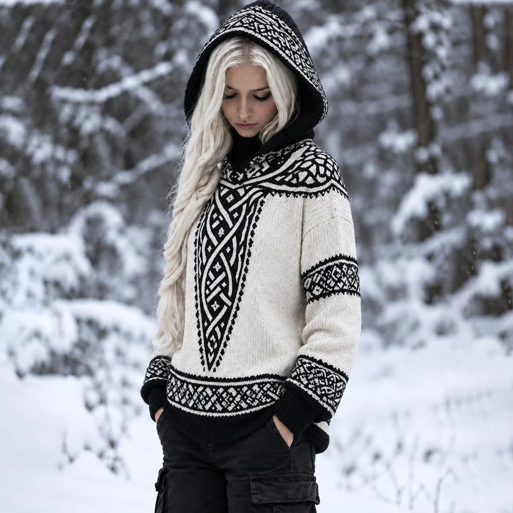Women's Nordic Celtic Knot Pattern Relaxed Fit Hooded Long Sleeve Knit Pullover Sweater