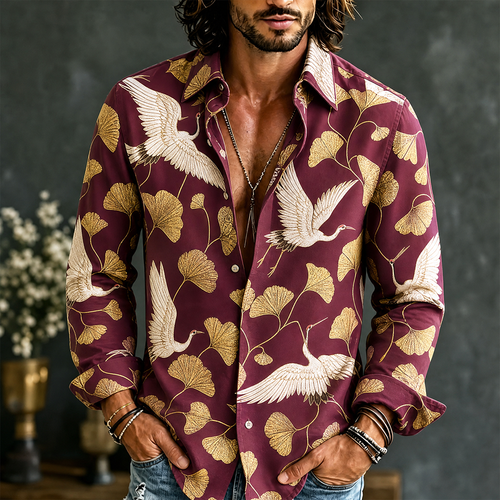 Men's Burgundy Vintage Ginkgo Leaf And White Crane Print Long Sleeve Shirt