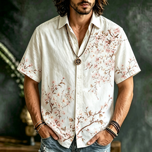 Men's Cherry Blossom Button-up Shirt - Sakura Floral Print Short Sleeve Casual Top