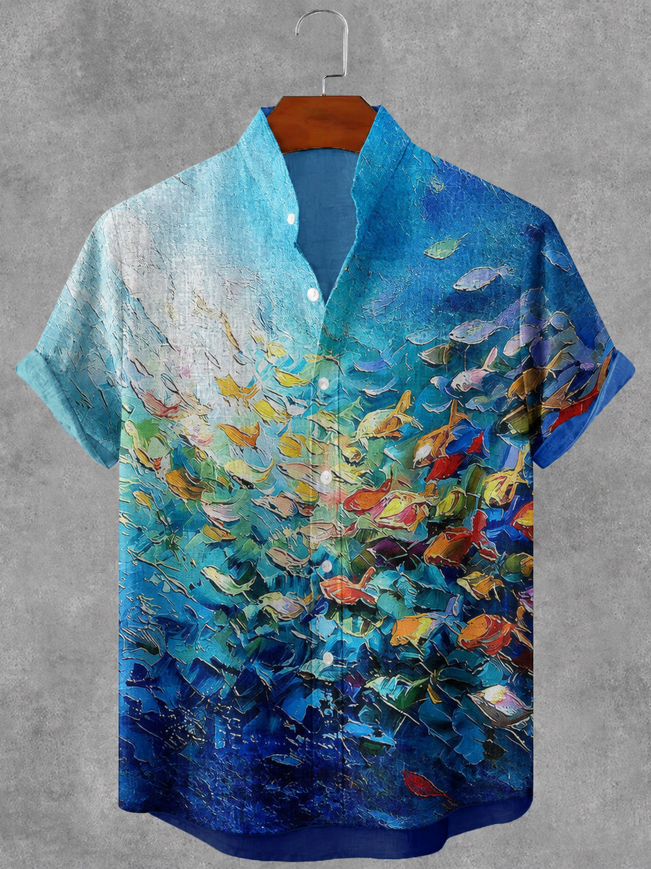 Men's Oil Painting Fish Art Print Short Sleeve Casual Shirt