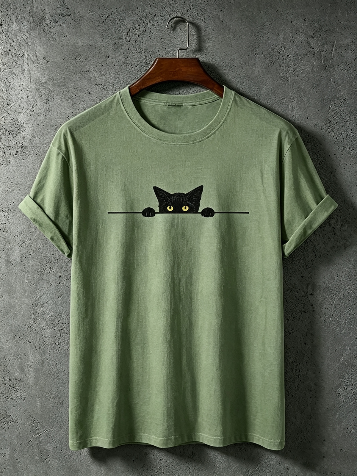 Men's Black Cat Art Print Crew Neck Short Sleeve T-shirt
