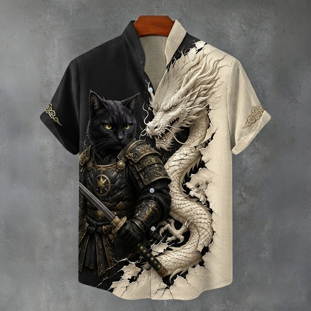 Herren Vintage Schwarz Katze Krieger Und Weißer Drache Japanische Kunst Druck Leinenmischung Lässiges Hemd
