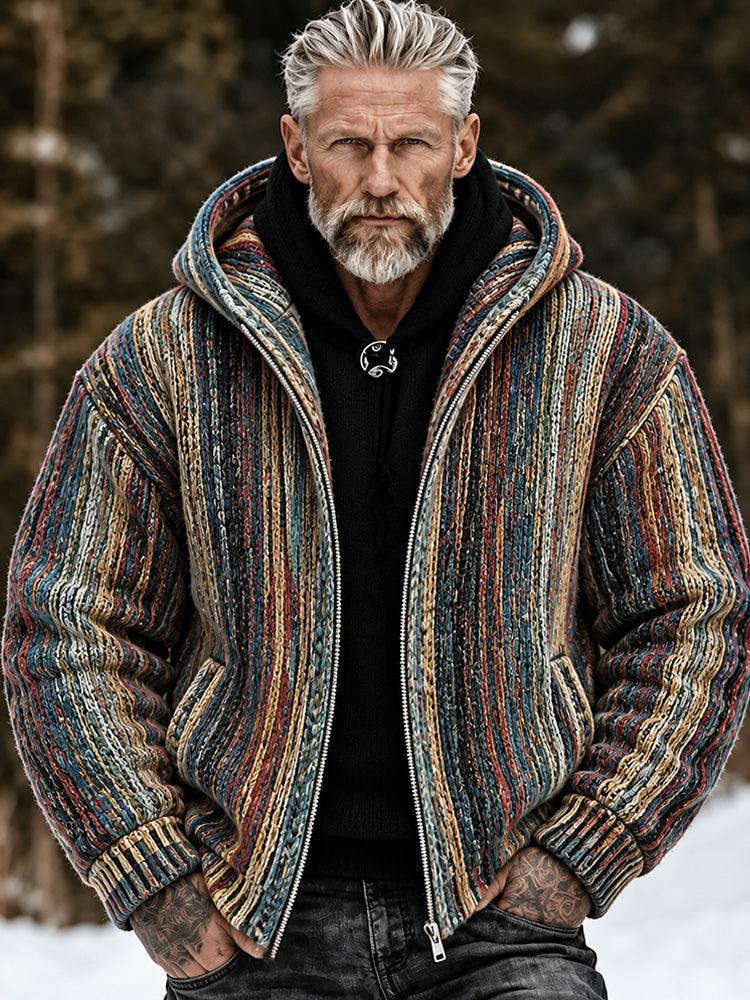 Men's Vintage Colorful Striped Art Jacquard Casual Cardigan Zip-up Sweater