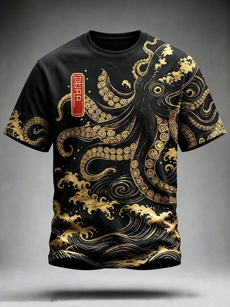 Men's Retro Japanese Art Octopus Wave Print Crew Neck Short Sleeve T-shirt