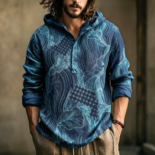 Men's Casual Vacation Printed Cotton Linen Hoodie
