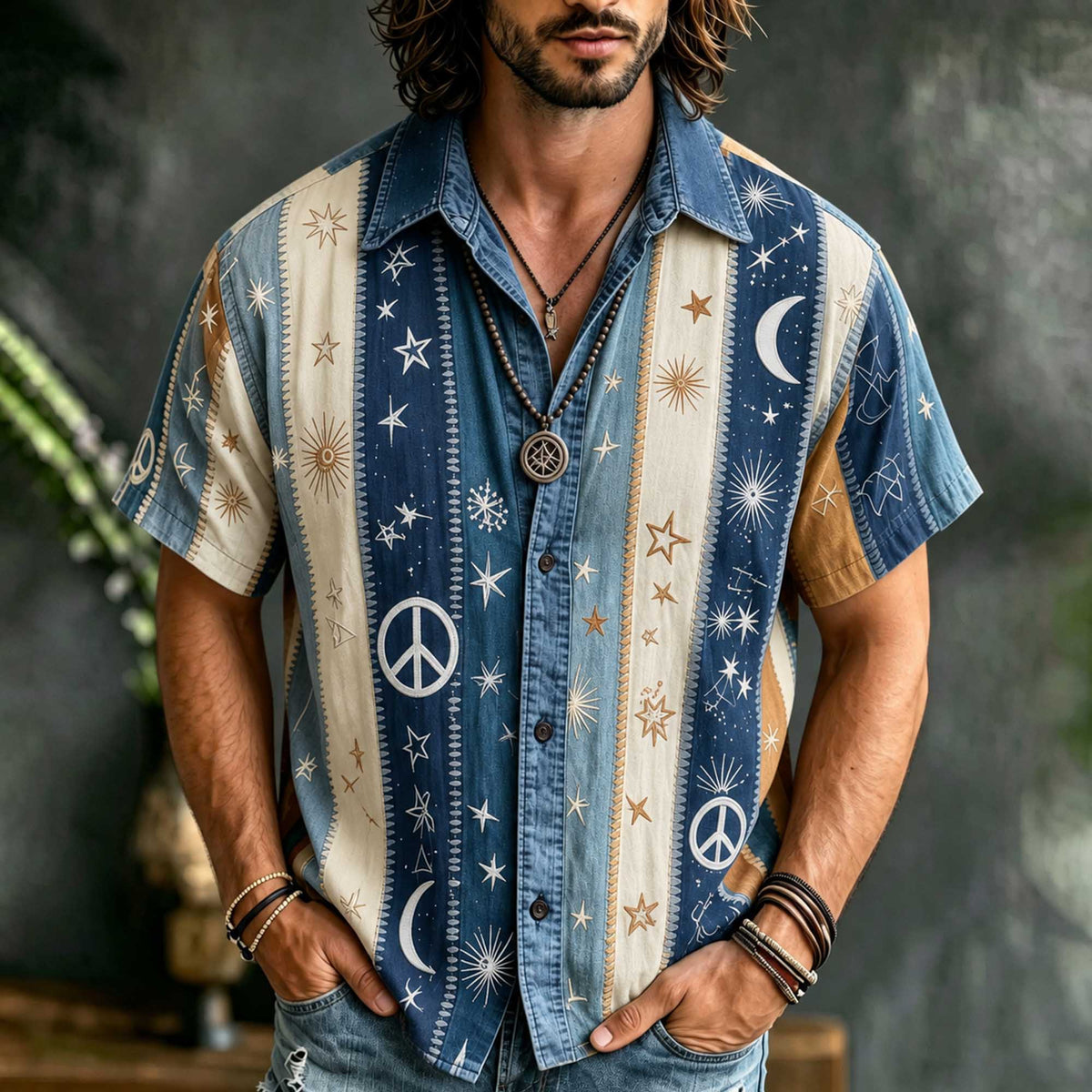 Vintage Hippie Stripe Patchwork Linen Shirt, 3d Embroidery Star & Crescent Casual Summer Short Sleeve Top