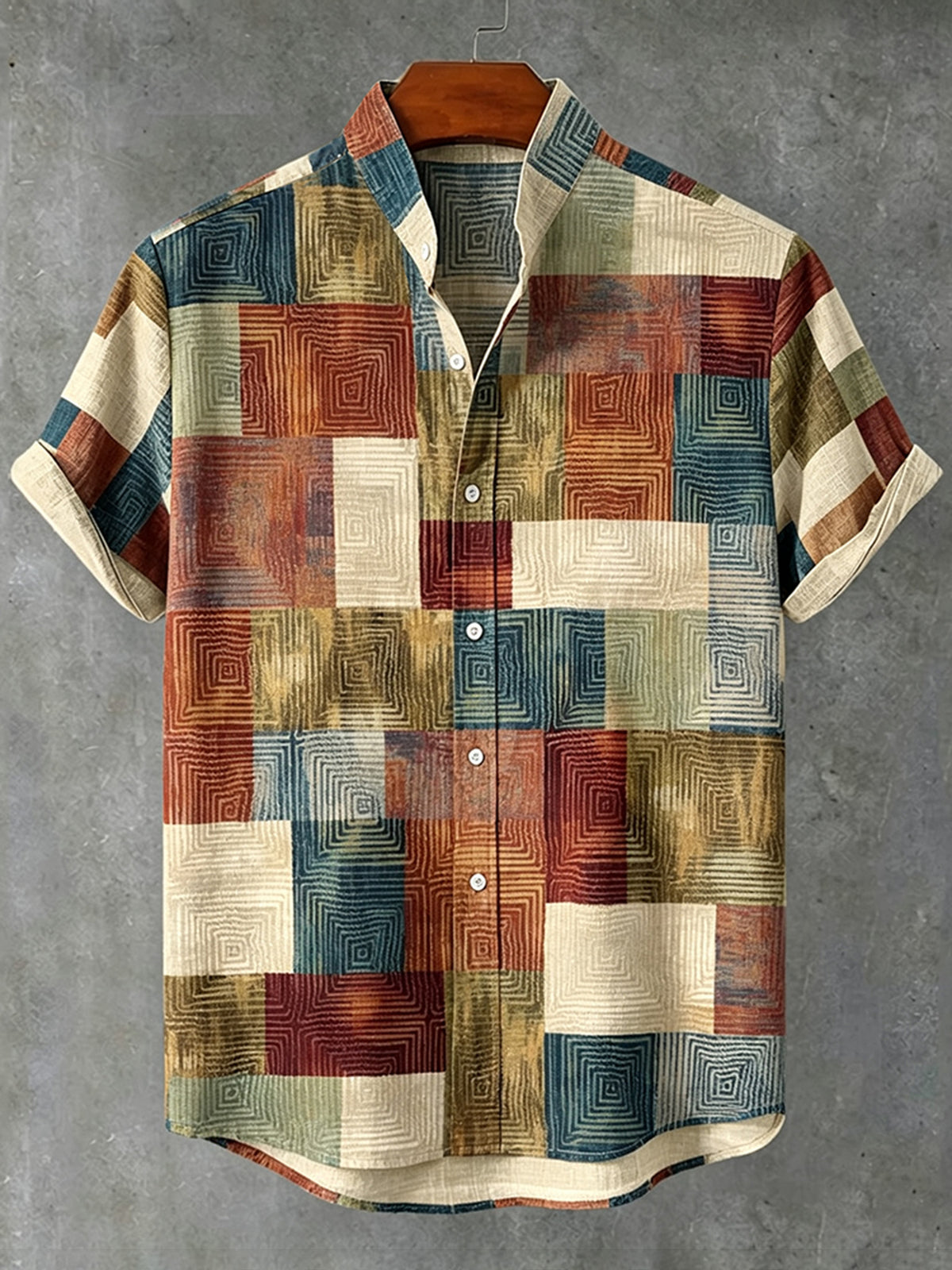 Men's Retro Casual Color Block Print Cotton Linen Short-sleeve Shirt