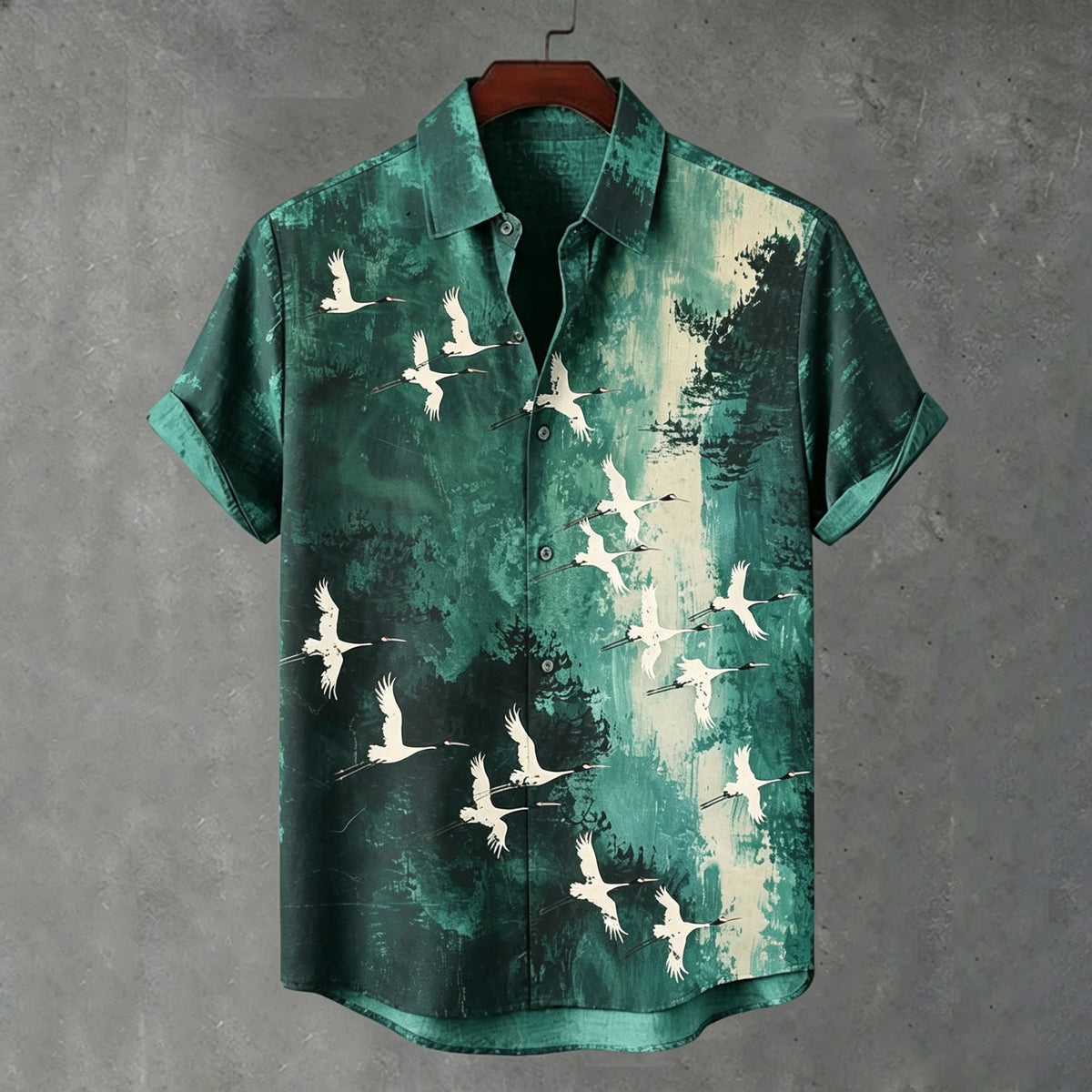 Men's Retro Japanese Crane Pattern Print Casual Linen Blend Shirt
