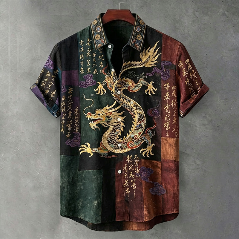 Men's Vintage Japanese Calligraphy Dragon Art Pattern Linen Blend Shirt