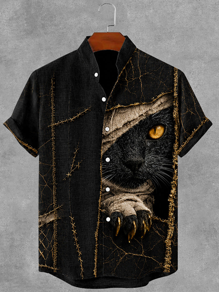 Men's Gothic Bandage Black Cat Art Short Sleeve Linen Shirt