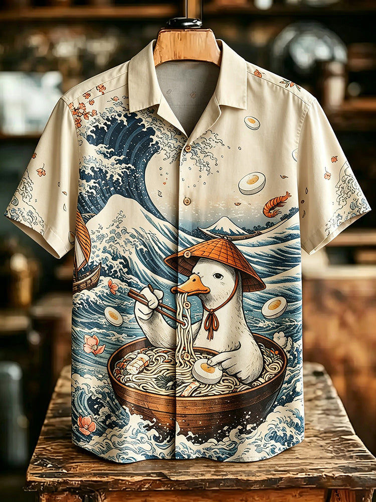 Men's Retro Japanese Style Duck Eating Ramen Print Casual Shirt