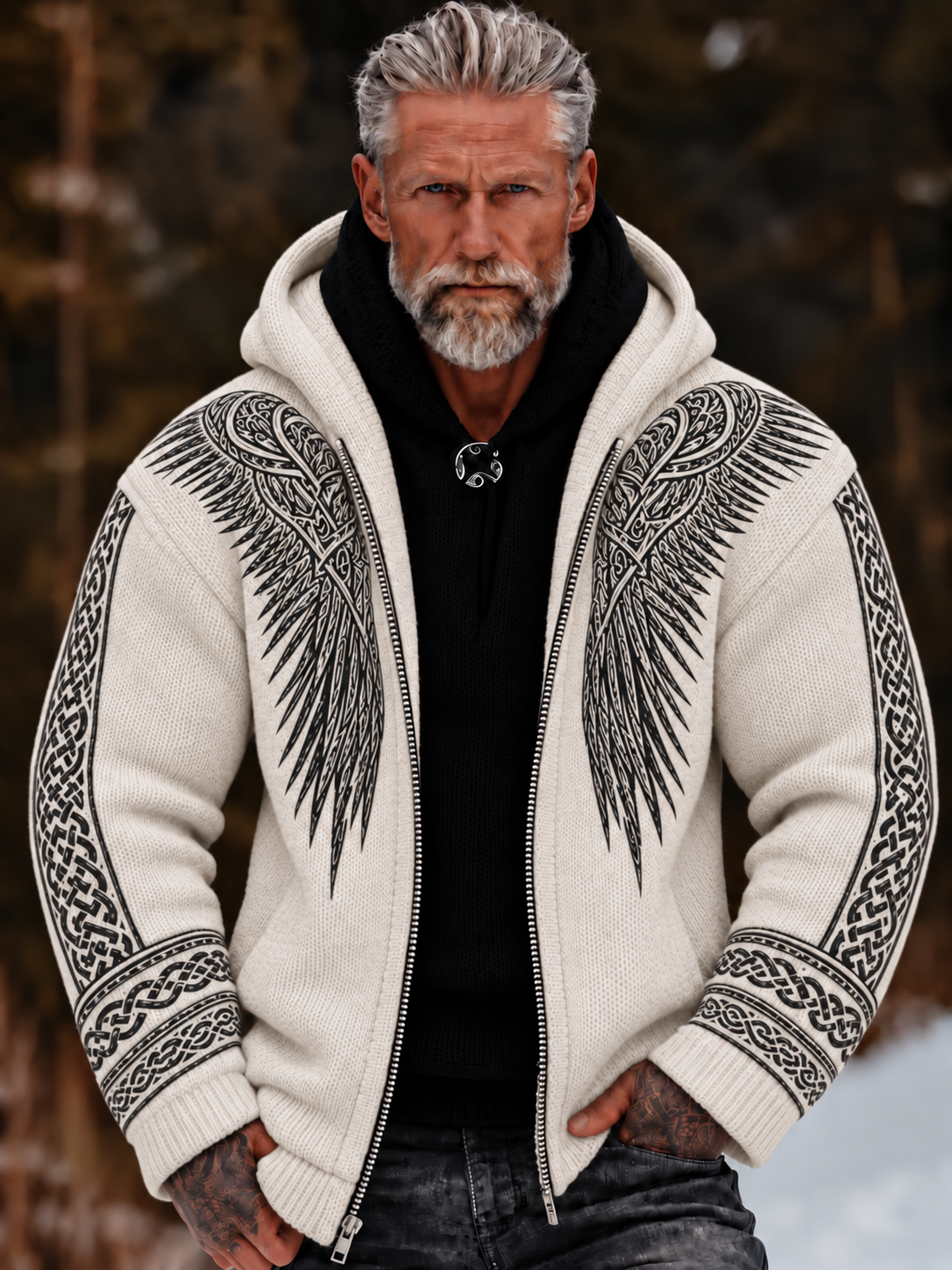 Men's Vintage Viking Wing Celtic Knot Cozy Warm Knitted Jacquard Zipper Hooded Sweater