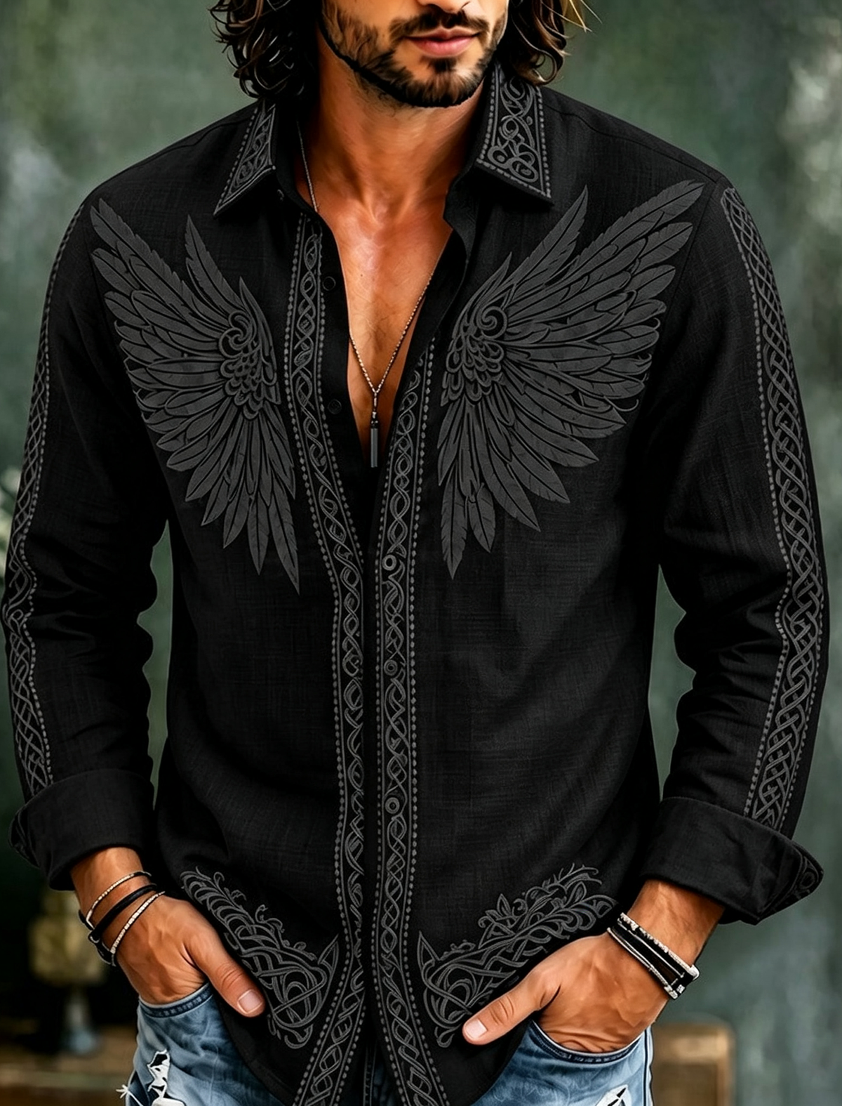 Men's Retro Spring Summer Viking Tribal Jacquard Wings Inspired Art Flowy Linen Blend Shirt