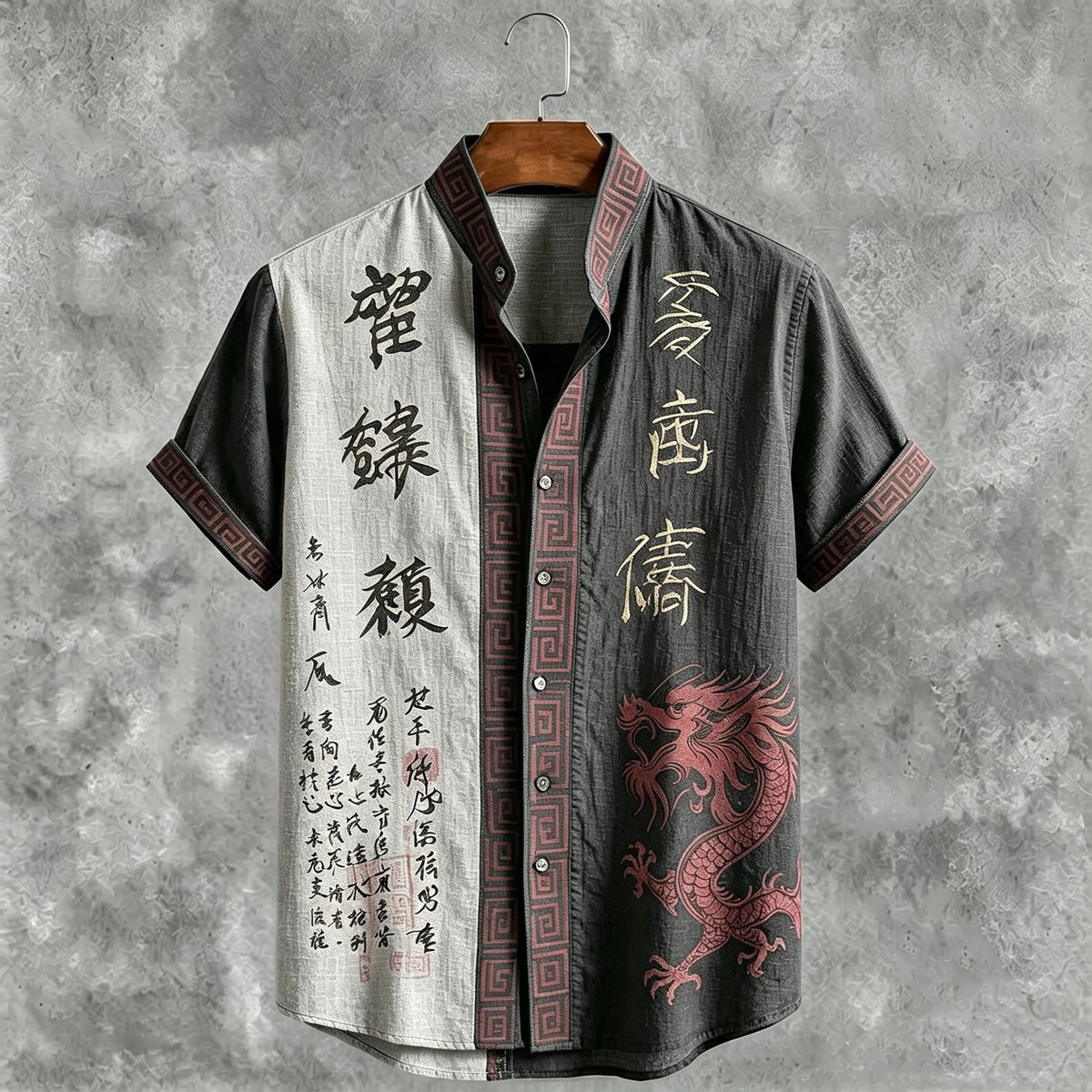 Men's Retro Japanese Calligraphy And Dragon Art Pattern Casual Linen Blend Shirt